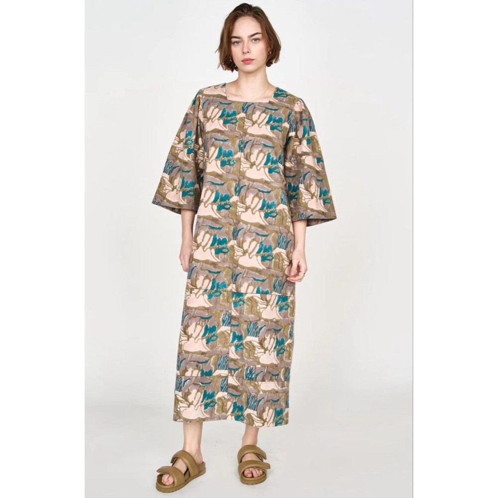 MIRTH Provence‎ Block-Print Midi Dress M Moss Reef Hand-Loomed Cotton NWT $325